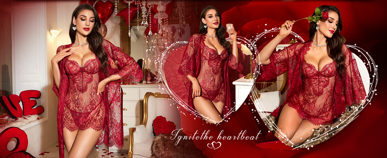 RSLOVE Комплект нижньої білизни для жінок: мереживний комплект з квітковим принтом, 3-частинний (Т-розріз), нічна сорочка, халат, розмір M, бордовий