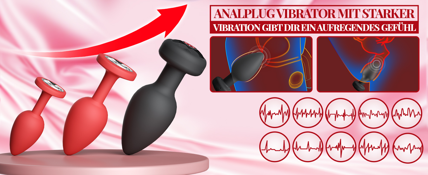 Анальні пробки з вібрацією для жінок та чоловіків, набір 3 шт. з 10 режимами, силікон, анальні вібратори для початківців та професіоналів, чорний/червоний