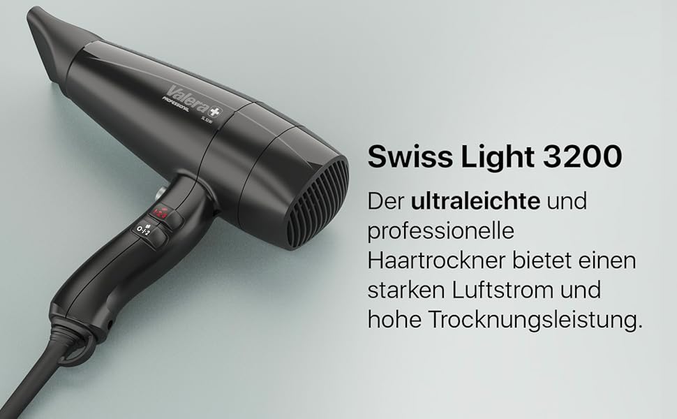 Професійний фен для волосся Valera Swiss Light 3200, 1600 Вт, 3 температурні режими, з кнопкою охолодження та Super-Flex кабелем, Swiss Made