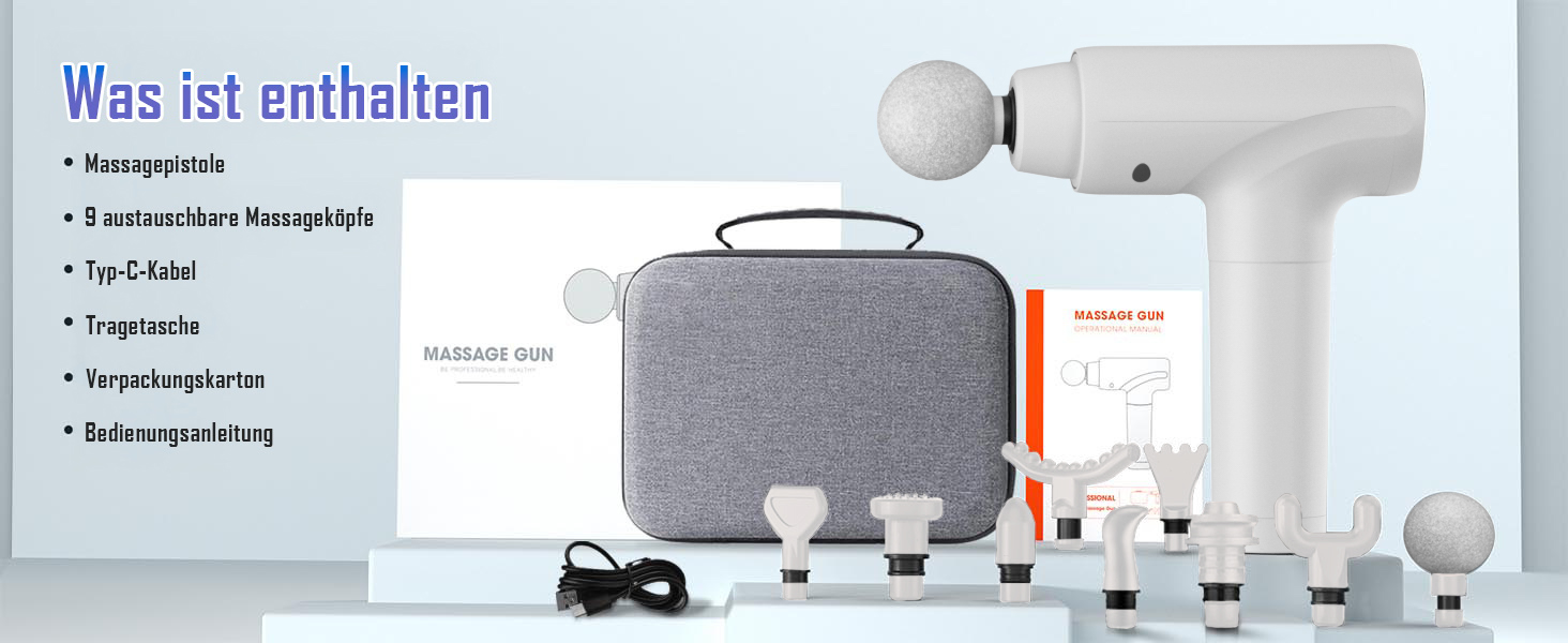 Перкусійний масажер Massage Gun з LED-екраном, електричний масажний пістолет для м'язів (20 швидкостей, 9 насадок, білий)
