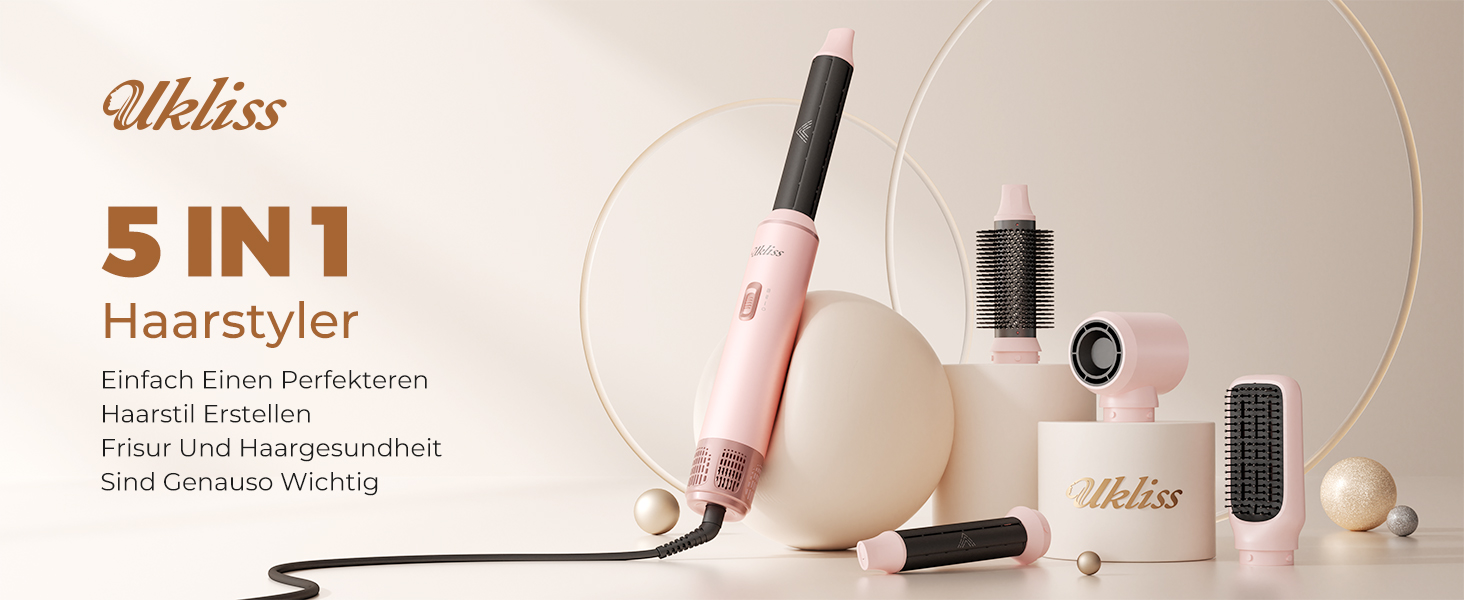 Мультистайлер для волосся 5 в 1 UKLISS Airstyler: фен, вирівнювач, круглі щітки та локони, чорний/рожевий