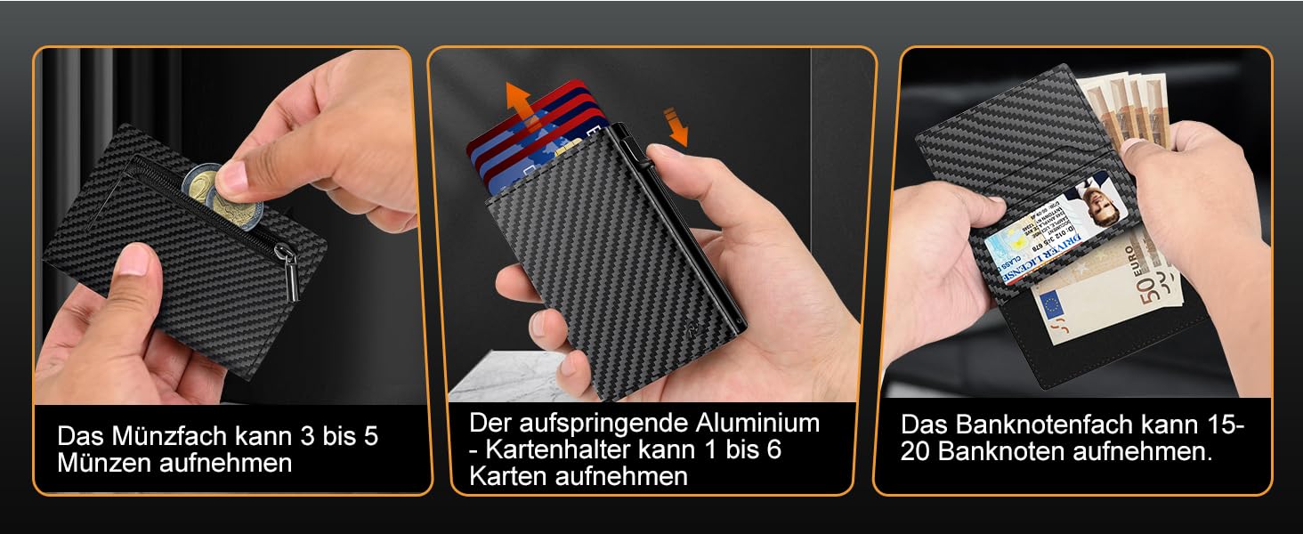 Чоловічий шкіряний картхолдер dwnkove Slim Wallet: смарт-гаманець з Pop-Up механізмом, RFID захистом, відділенням для монет та вікном для ID, Carbon Design