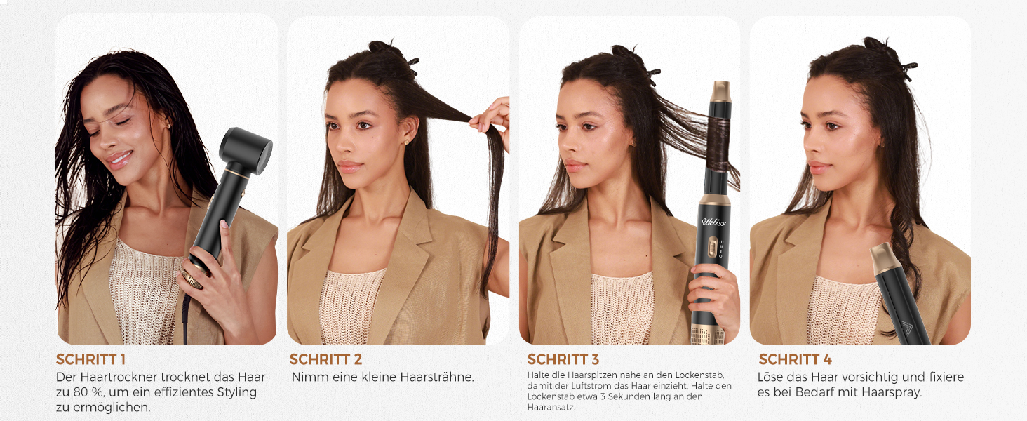 Мультистайлер для волосся 5 в 1 UKLISS Airstyler: фен, вирівнювач, круглі щітки та локони, чорний/золотий