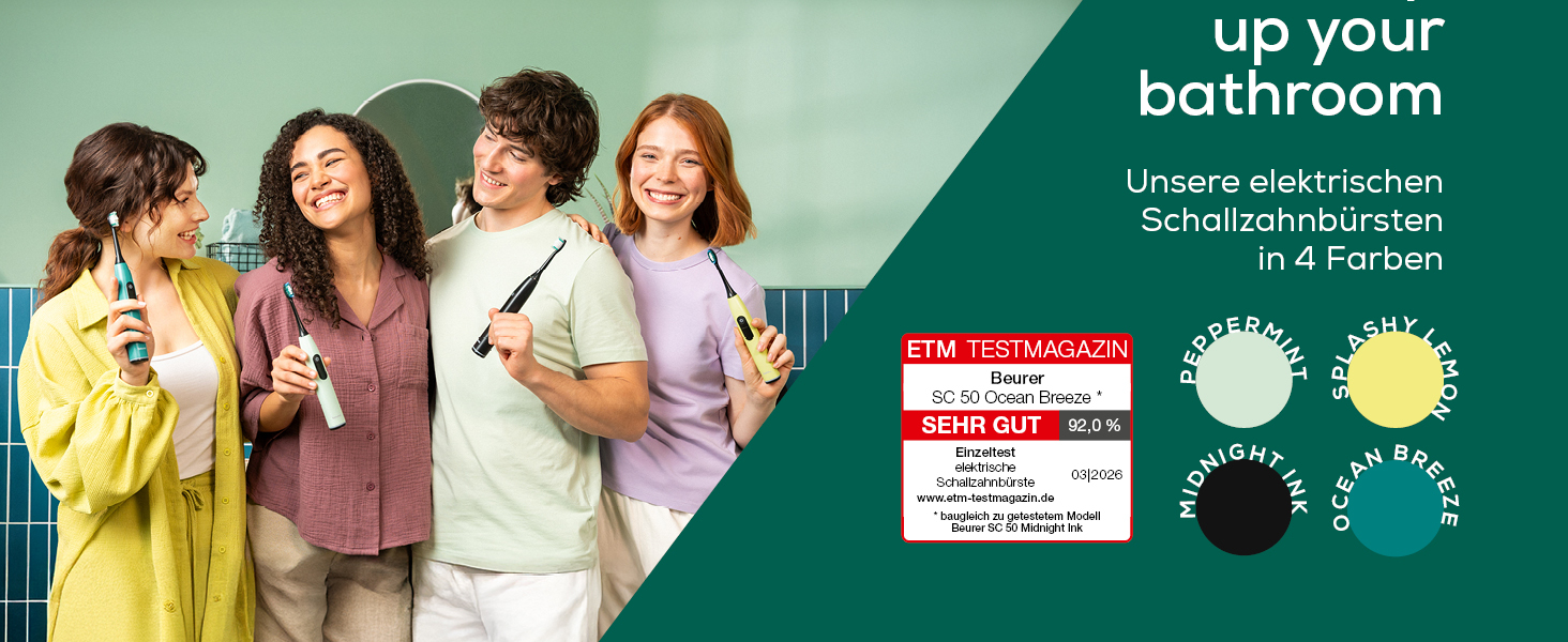 Електрична сонічна зубна щітка Beurer SC 30 з 4 режимами очищення, 80 000 вібрацій, LED-дисплеєм та таймером, колір Ocean Breeze