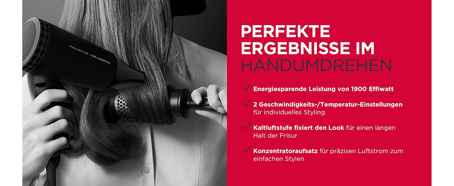 Компактний дорожній фен Rowenta x Karl Lagerfeld CV184L Express Style, чорний — складаний, ультралегкий, з функцією Glanz-Booster та Dual-Volt