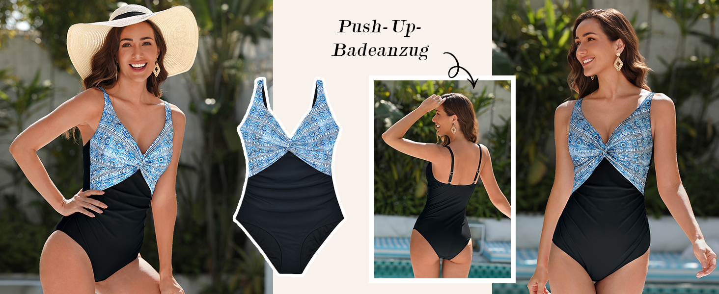 Купальник жіночий Badeanzug з високою талією, push-up, V-подібний виріз, рюші, моделює фігуру, великі розміри 42 NB