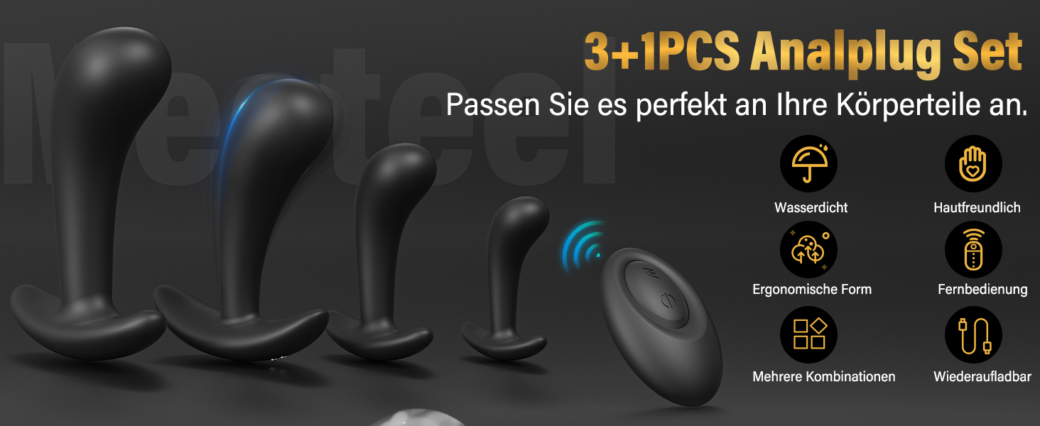 Набір анальних пробок Meeteel (4 шт) з силікону: 12 режимів вібрації, 3 розміри. Стимуляція простати для чоловіків та жінок