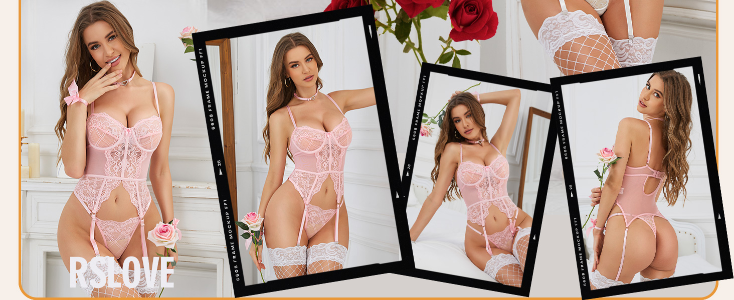 RSLOVE Комплект спідньої білизни для жінок - мереживний комплект з 4 частин, бюстгальтер з кісточками та стрінгі, білий