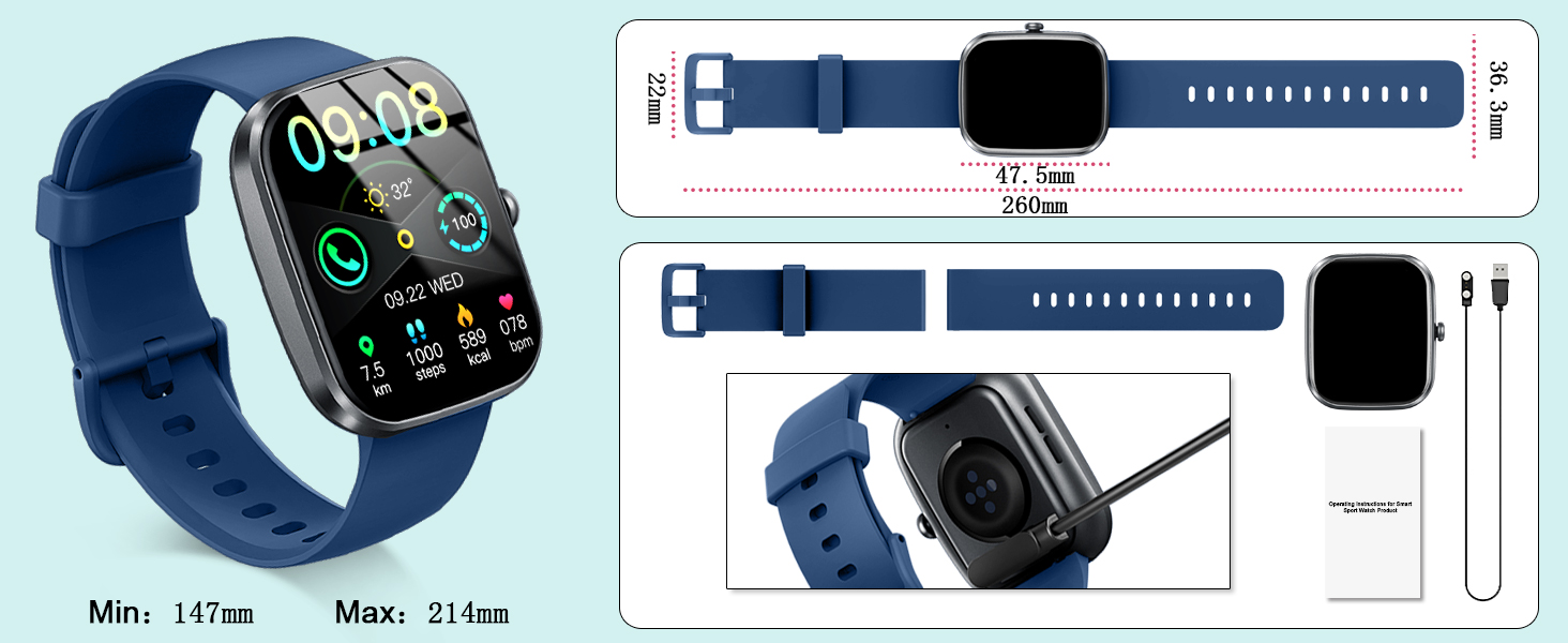 Смарт-годинник унісекс 1.91'' HD 2026 з Bluetooth-дзвінками, фітнес-трекер з моніторингом пульсу, SpO2, сну, 113+ спортивних режимів, водонепроникність IP68 для Android та iOS (Синій)