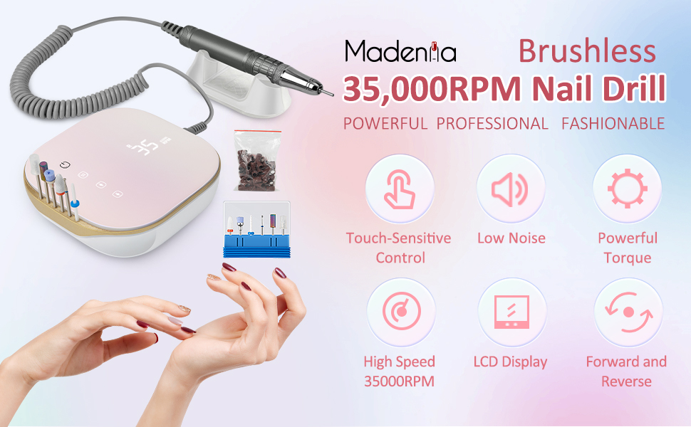 Професійний електричний апарат для манікюру та педикюру Madenia TouchPro, 35000 об/хв, для гель-нігтів та штучних нігтів, з HD-дисплеєм та набором з 6 фрез (Laser Pink)