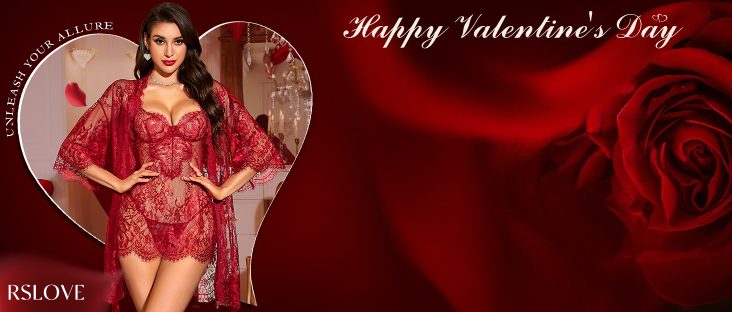 RSLOVE Комплект нижньої білизни для жінок: мереживний комплект з квітковим принтом, 3-частинний (Т-розріз), нічна сорочка, халат, розмір M, бордовий