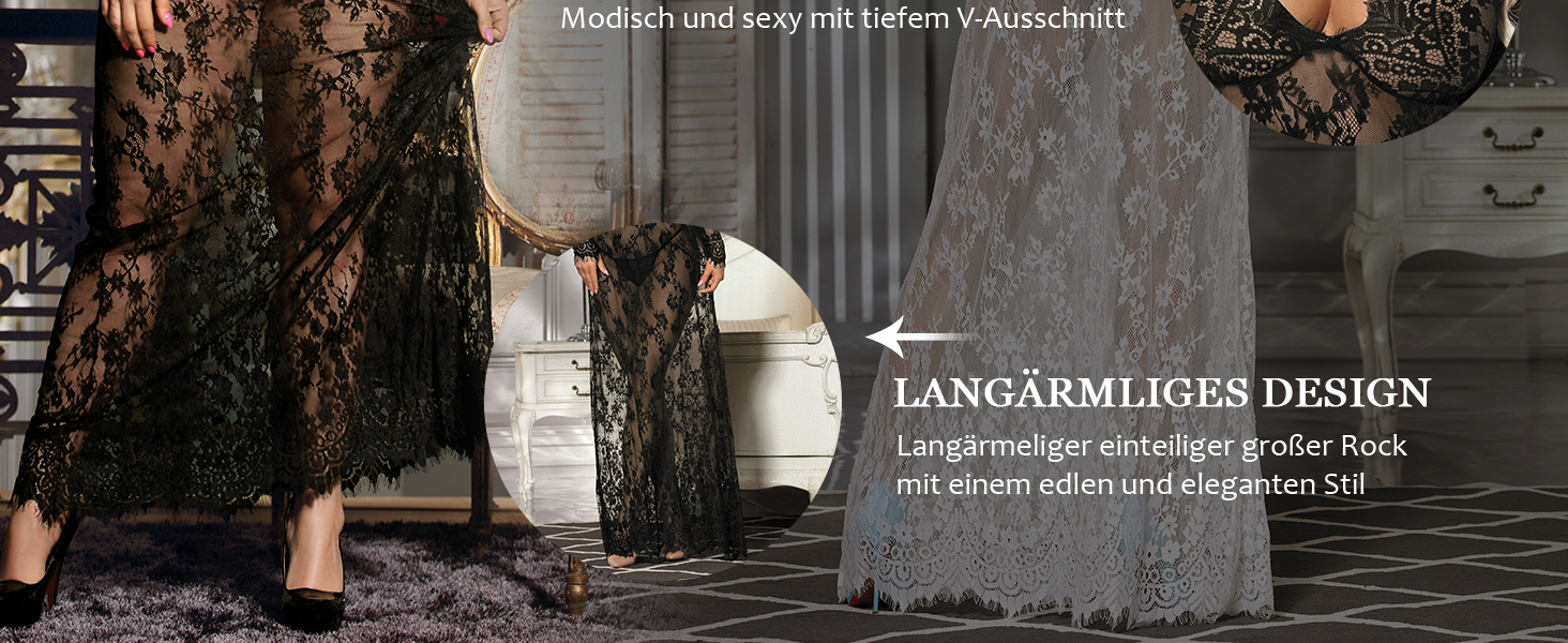 Сукня для вагітних ComeOnDear з мереживом, довга, з довгим рукавом, V-подібний виріз, прозора, неймовірна, з G-String (3XL-4XL, Білий)