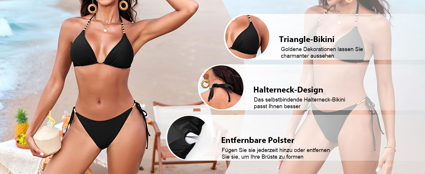 Бікіні Triangel Daen з золотими перлами, топ-халтер з підтримкою та трусики-стрінг на зав'язки (ХAKI, XL)