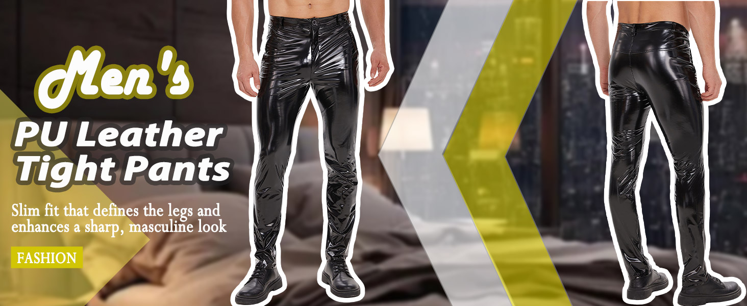 Латексні штани чоловічі Ausing, довгі, з штучної шкіри, слім-фіт, байкерські з кишенями, еластичні, для рейву, костюми, клубний одяг, чорні, розмір M