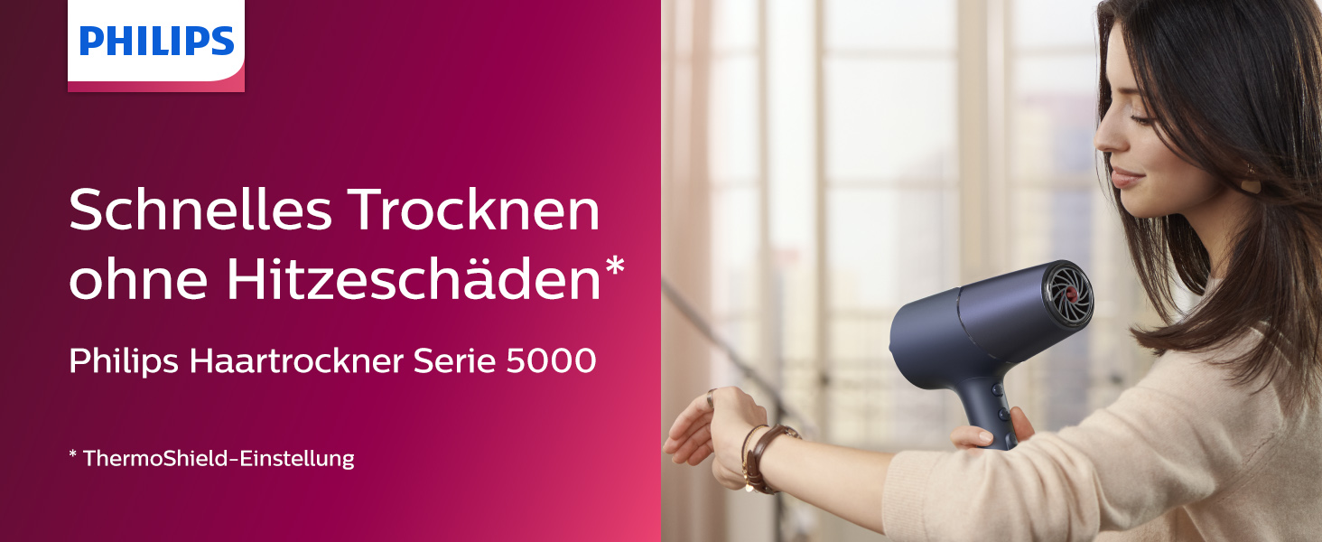 Фен для волосся Philips 5000 Series BHD510/00, 2300 Вт, ThermoShield, іонізація, дифузор та насадки для стайлінгу, Metallic-Blau