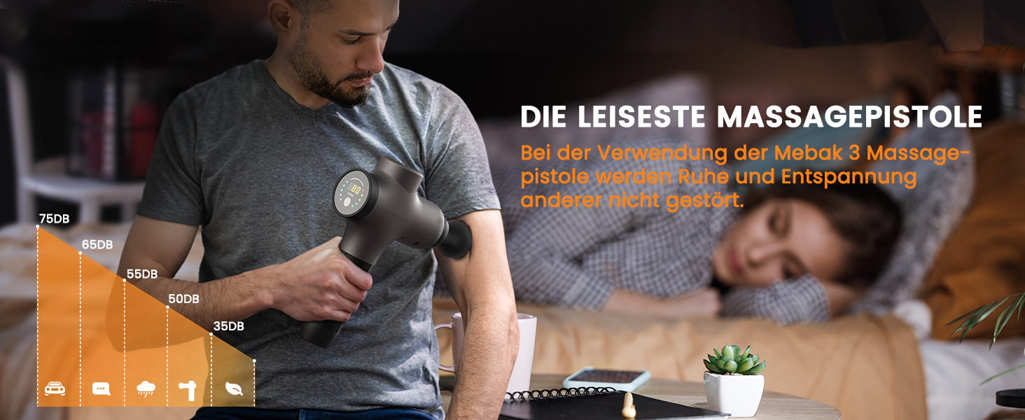 Перкусійний масажер Mebak 3 Massage Gun: електричний ручний масажер для м'язів та фасцій, 3200 об/хв, амплітуда 12 мм, 7 насадок, 5 рівнів інтенсивності, акумулятор 2600 мАг, чорний