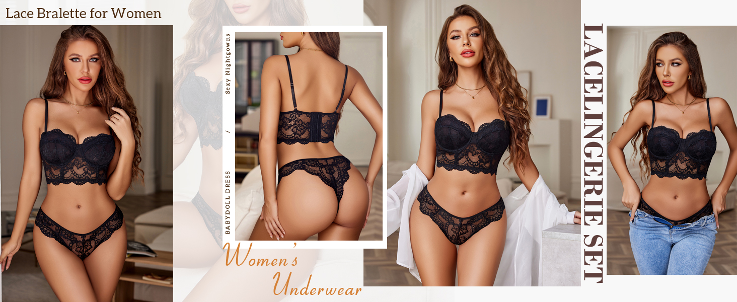 Avidlove Комплект нижньої білизни для жінок: мереживний бюстгальтер з кісточками та трусики Push-up, чорний