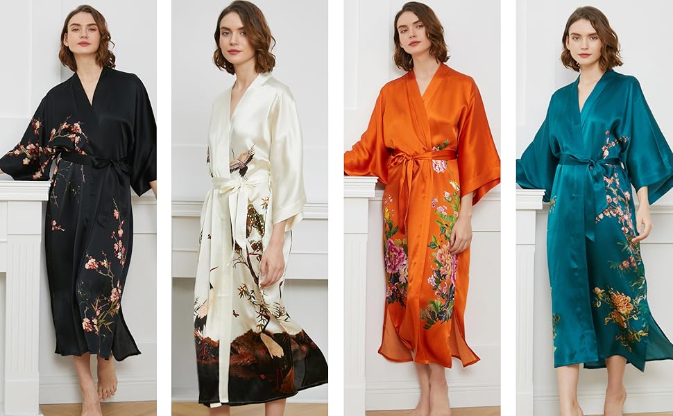 Шовковий халат-кімоно Ledamon для жінок, 100% шовк, квітковий дизайн, універсальний розмір, чорний колір