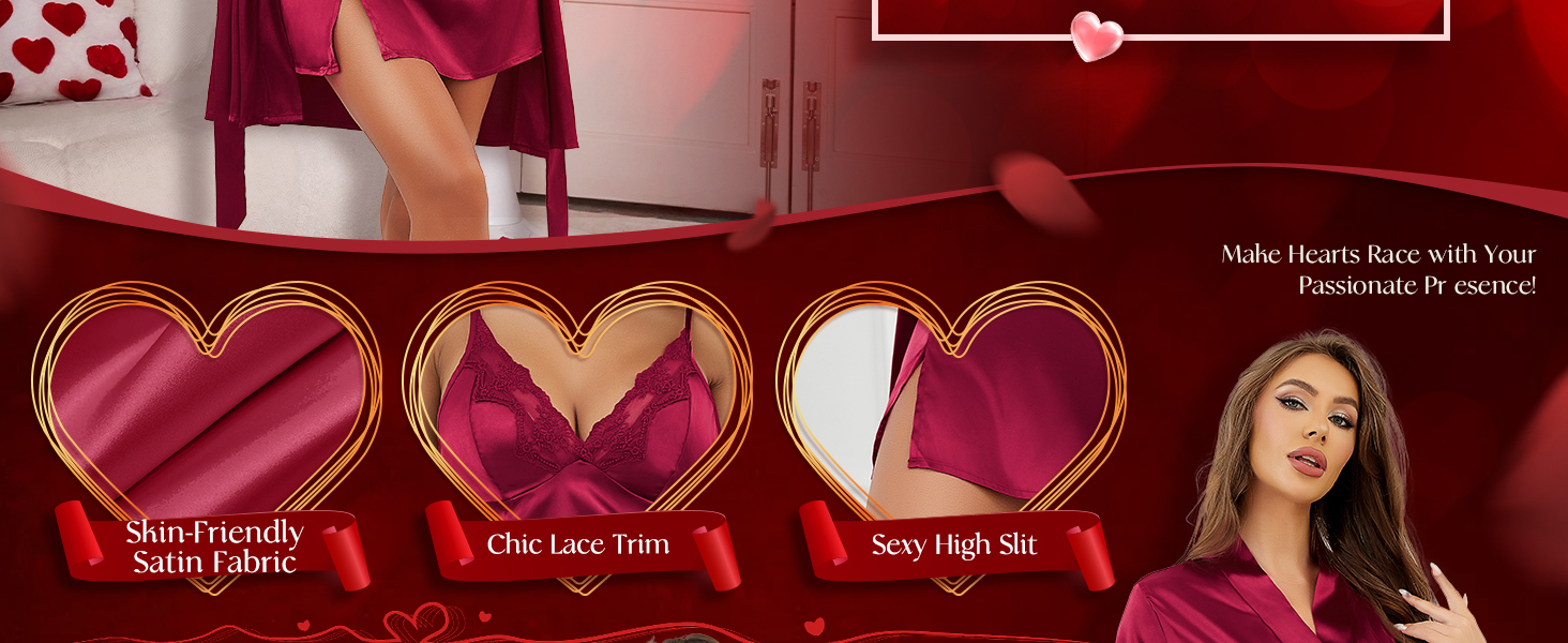 RSLOVE Комплект жіночого шовкового нічного одягу - Сексуальна піжама з мереживом та халатом, 2-частинний комплект, рожевий