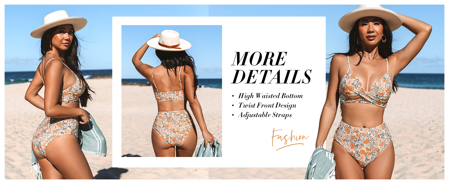 CUPSHE Бійкіні для жінок: Розрізний топ, висока талія, купальник, двочастинний, чорний/зелений