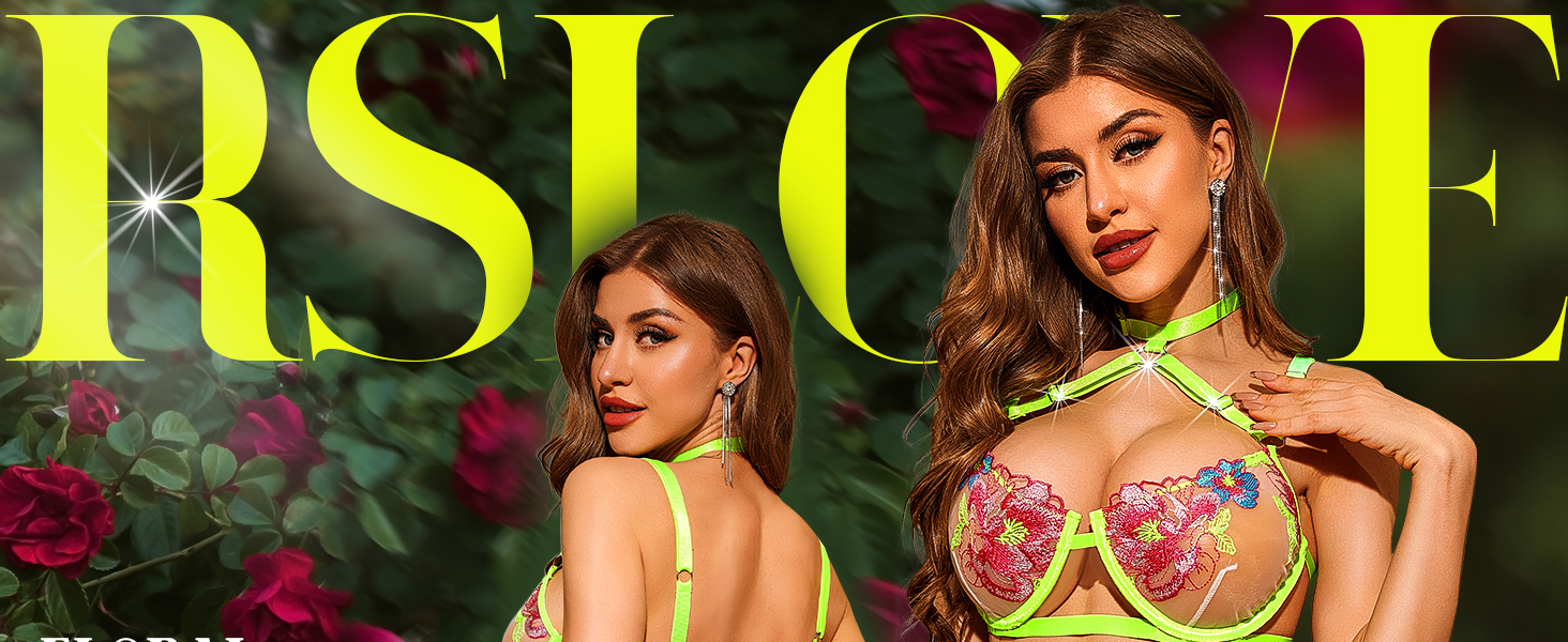 RSLOVE Комплекти нижньої білизни для жінок - Сексуальна спідня білизна з бретелями, мереживна піжама, комплект бюстгальтера та трусиків з стрічкою, XL, блакитний