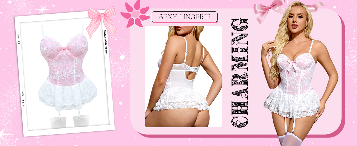 Сексуальна спідня білизна для жінок: комплект мереживний боді з панчохами, лямками, тедді, бабідолл з стріжками. Ідеально для Хелловіну та Різдва, червоний колір