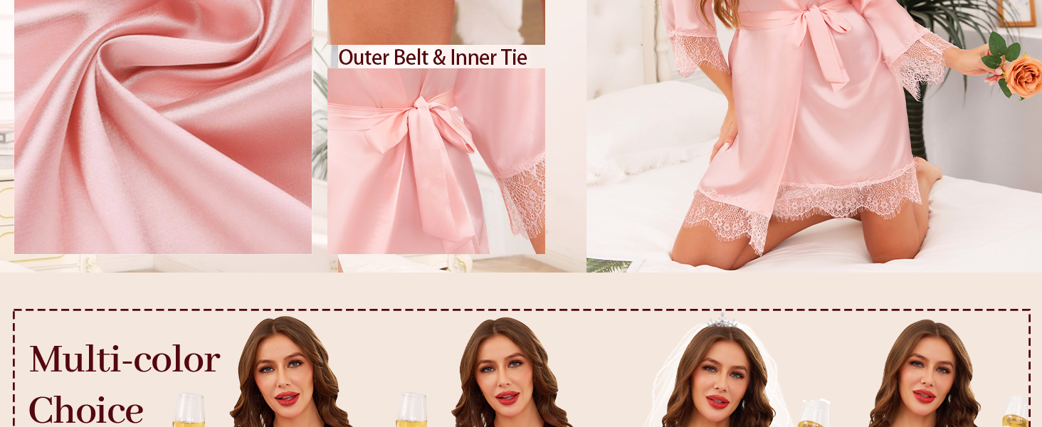 Халат жіночий Lovasy Satin з короткими рукавами, стиль кімоно, мереживо, сексуальний, для вечірки, весілля, з поясом, фіолетовий, червоний, L