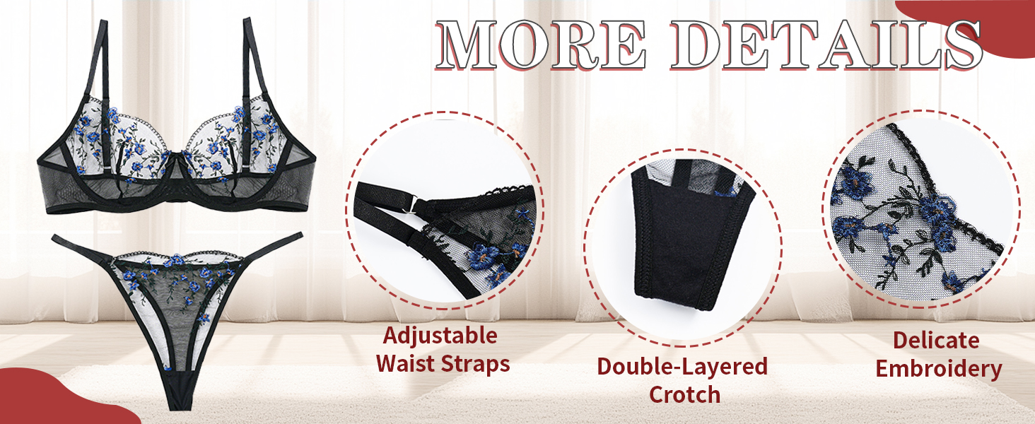 Сексуальна жіноча білизна Maeau: комплект бюстгальтера та танга з мереживом, мережаний прозорий трусики, пуш-ап, чорний, S-XL