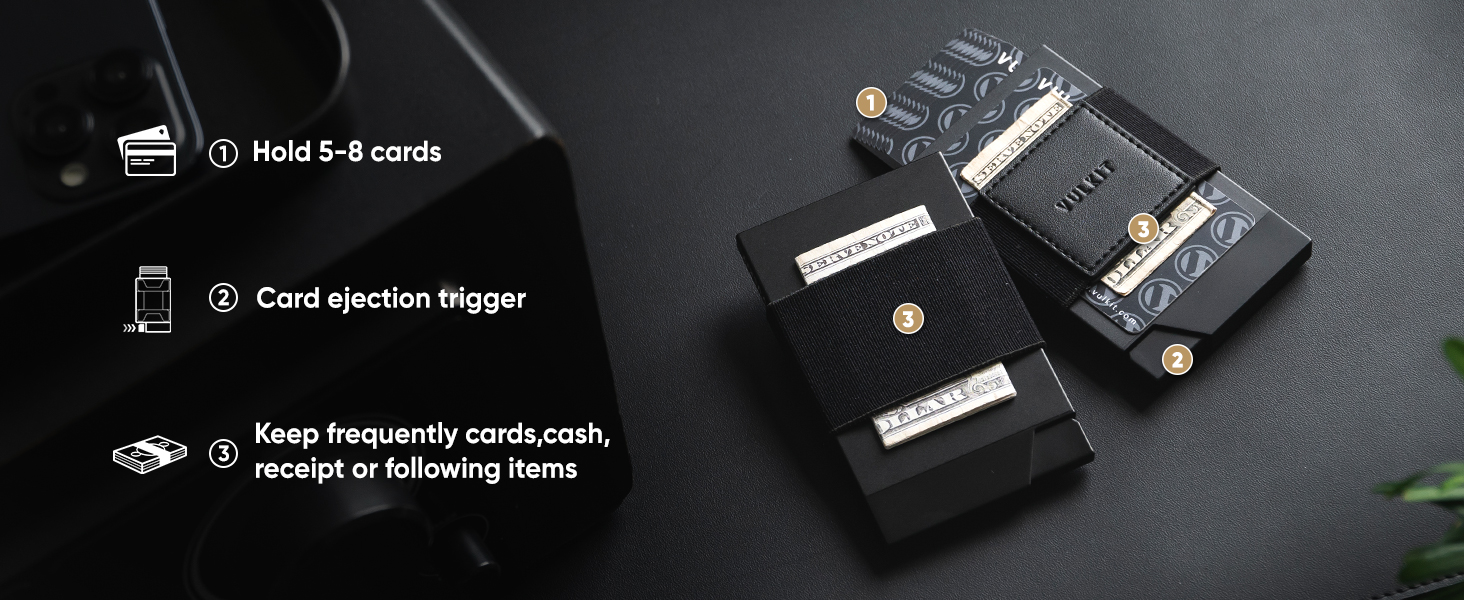 Слимок металевий картхолдер VULKIT Vc408 з Pop-Up механізмом, RFID-захистом та грошовим ремінцем, чорний