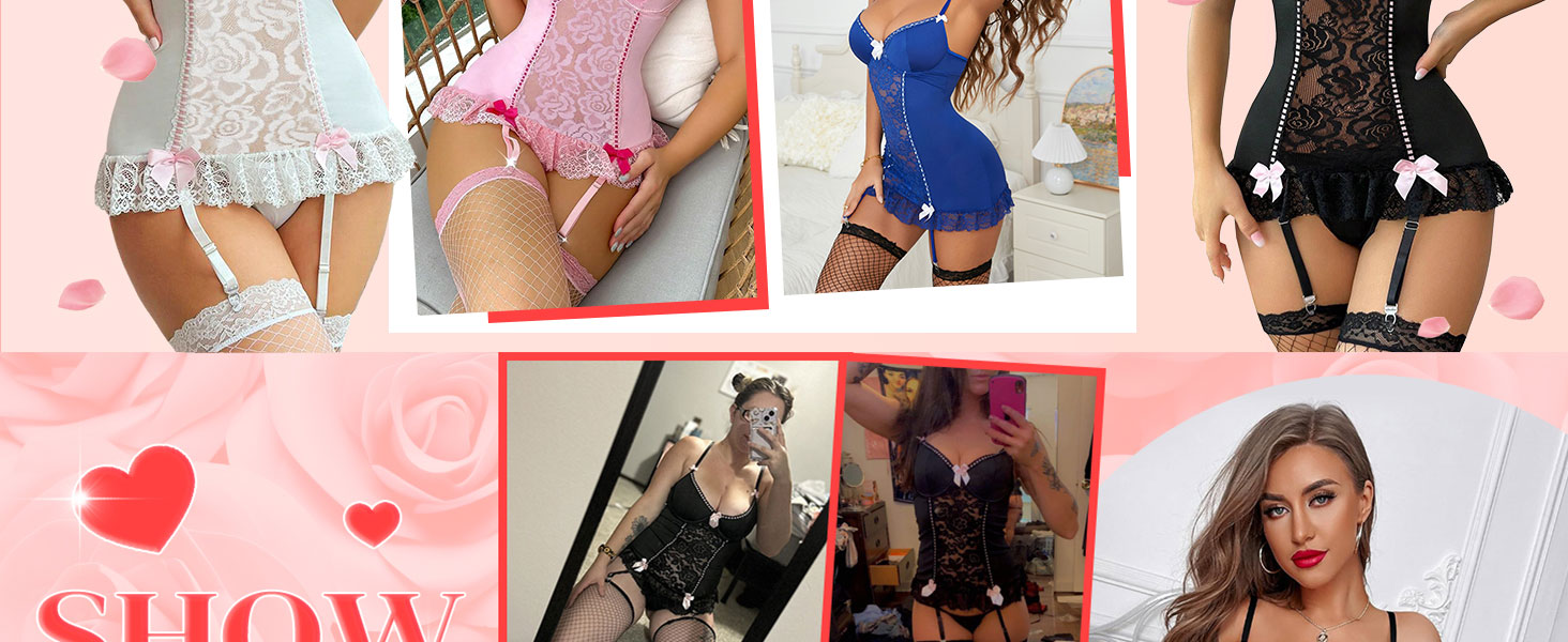 Сексуальний жіночий комплект спідньої білизни: боді з квіткового мережива, стрінги, пояс для панчіх, бантик, A-чорний L