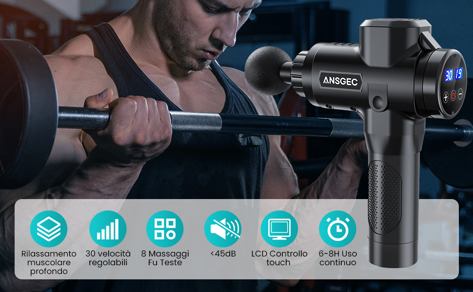 Перкусійний масажер ANSGEC Massage Gun: електричний пістолет для глибокого масажу м'язів, 30 рівнів швидкості, 8 насадок, для шиї та спини