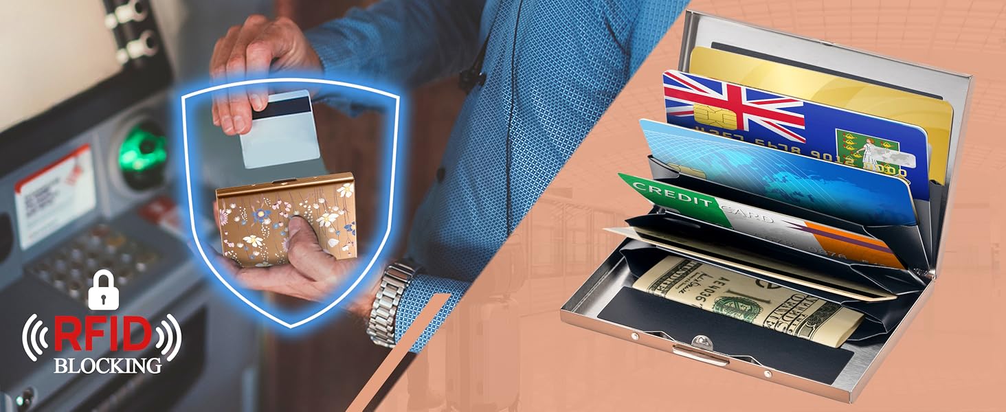 Ультратонкий металевий картхолдер з RFID-захистом від скіммінгу, гаманець для кредитних карток на 6 слотів, колір Rosegold з квітковим принтом, унісекс