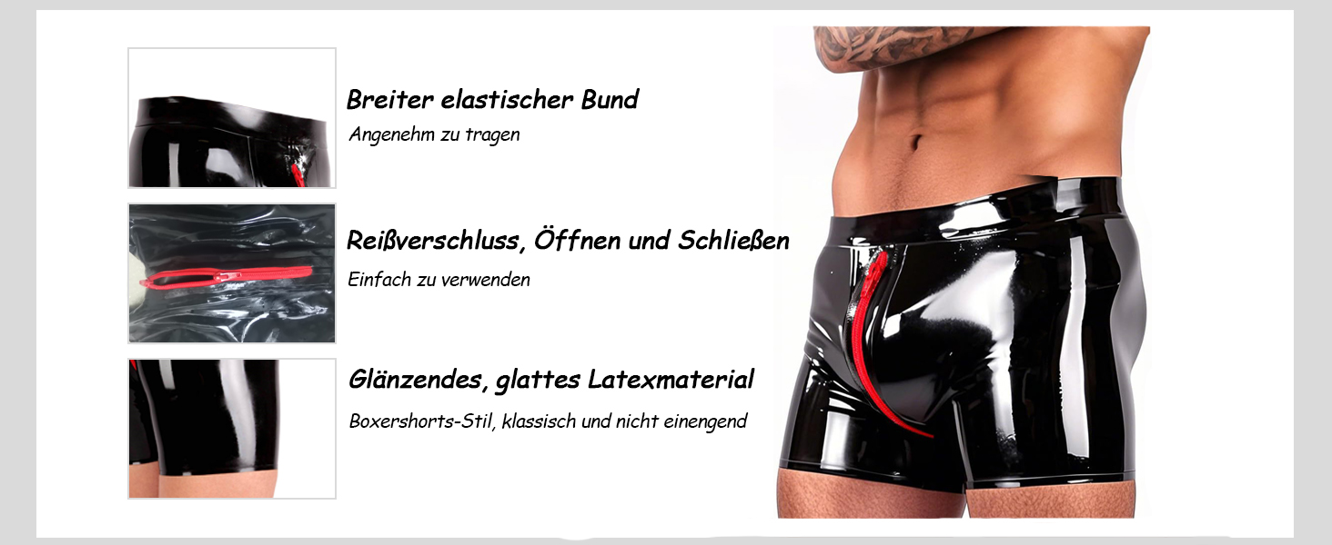 Чоловіча спідня білизна MFMYEE: чорні шорти-сліпи з латексу, ручної роботи, з блискавкою. Екзотичний фетиш-стиль.