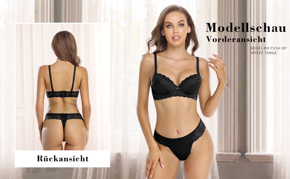 Шекіні: Комплект бюстгальтера та трусиків мереживний, Push-Up, з кісточками, чорний, 80C