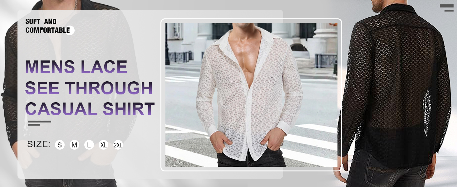 Чоловіча прозора блуза з довгим рукавом Panegy, мереживна сорочка, сітчаста, облягаюча, чорна, розмір L