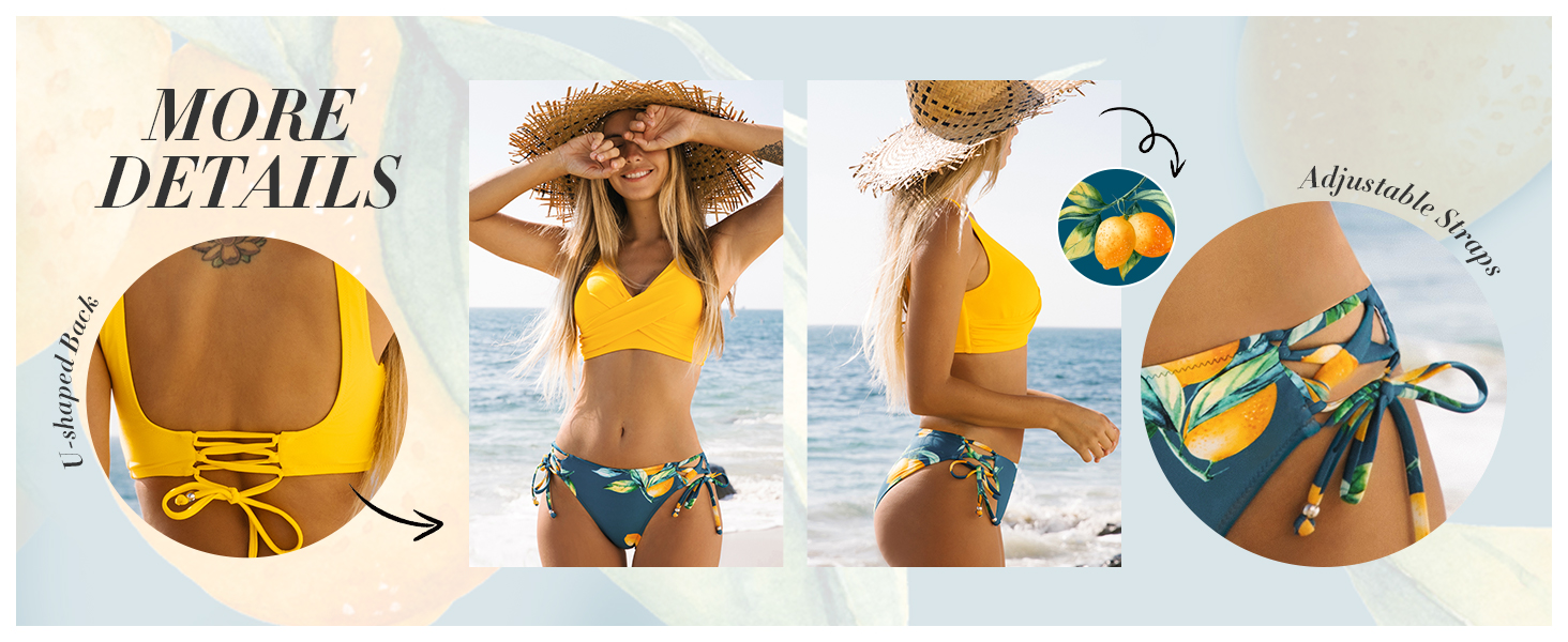 CUPSHE Bikini Set: Розкішний двочастинний купальник з квітковим принтом, низька посадка, шнурівка, лимонний колір