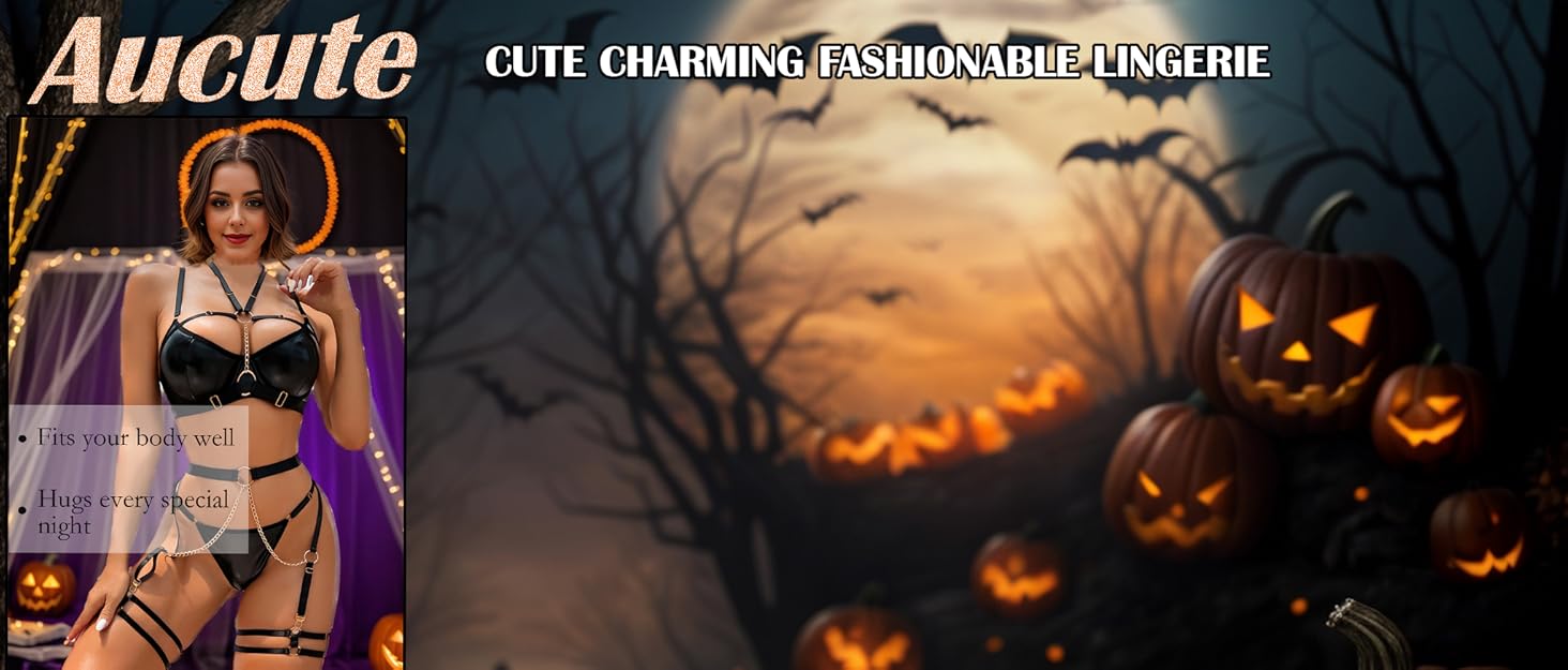 Сексуальна спідня білизна від Aucute Strapsen: бюстгальтер з кісточками та труси з ланцюжком, 6-частинний комплект, чорний
