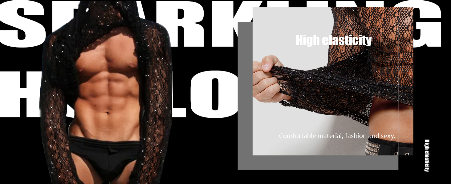 Муслін футболка Casey Kevin Herren Transparent, прозора сітка з довгим рукавом, сріблясті акценти, вертикальна смужка, V-подібний виріз, A2-чорний L