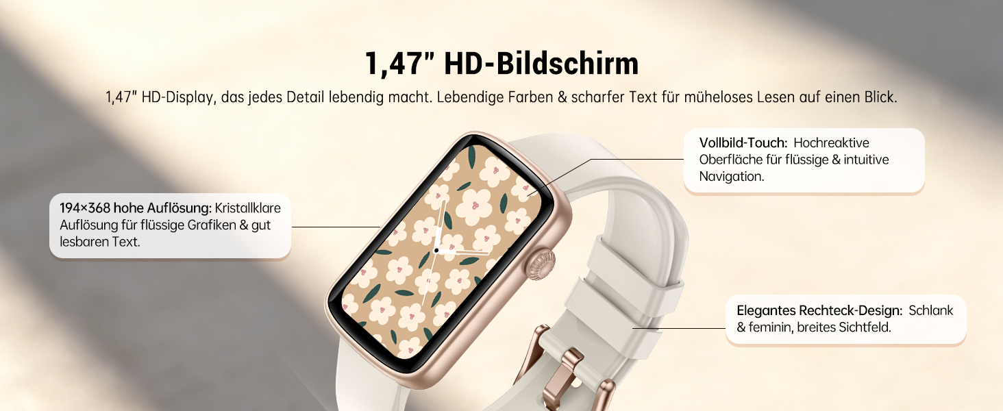 Смарт-годинник для жінок 1.47'' Fitness Tracker: моніторинг пульсу, SpO2, сну, крокомір, відстеження менструального циклу, сповіщення дзвінків та WhatsApp, сумісний з Android та iOS, чорний