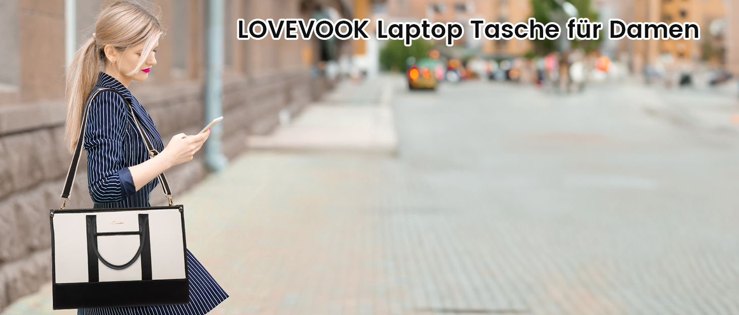 Жіноча сумка для ноутбука LOVEVOOK 17 дюймів, водонепроникна шкіряна сумка-шопер для роботи, навчання та бізнесу, чорно-бежева
