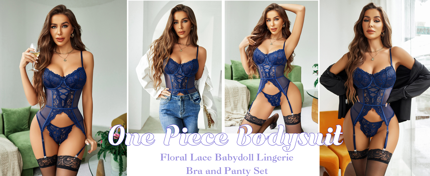 Avidlove Комплект нижньої білизни для жінок: мереживний боді, корсет, babydoll, чорний. Сексуальна спідня білизна, тіло, бюстгальтер та труси.