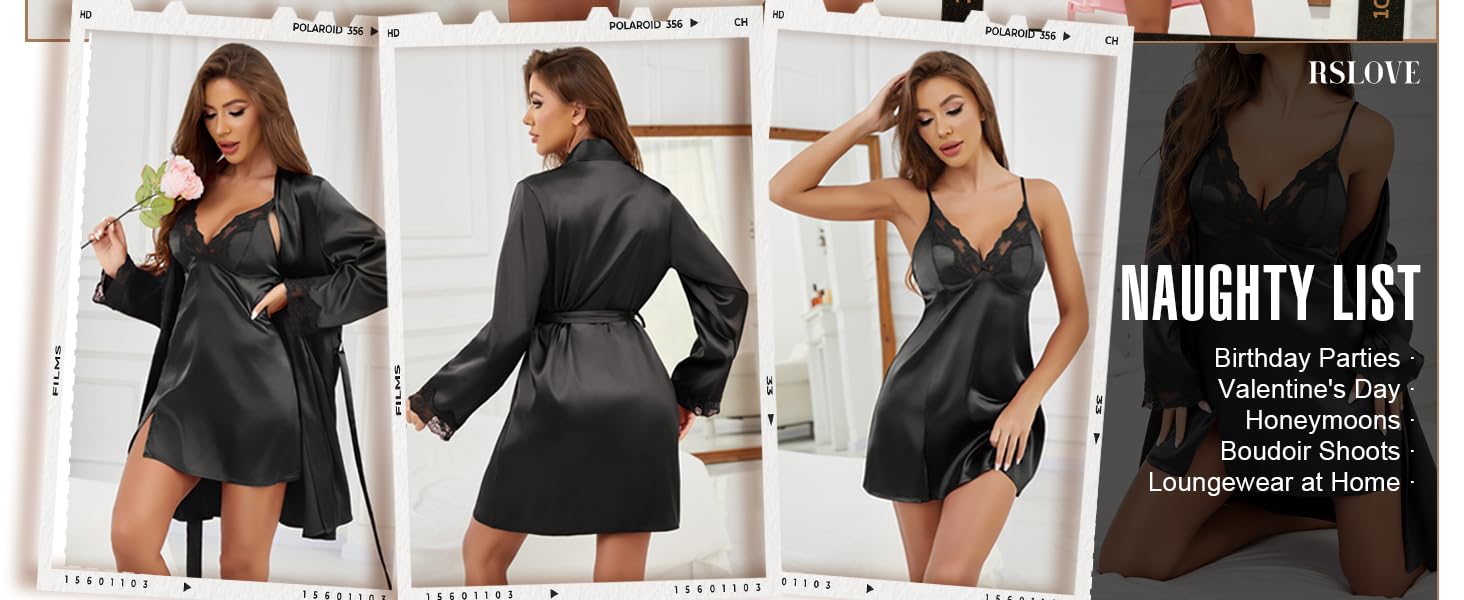 Комплект жіночого шовкового нічного одягу RSLOVE - Сексуальна нічна сорочка з мереживом та халат, 2-частинний комплект чорного кольору