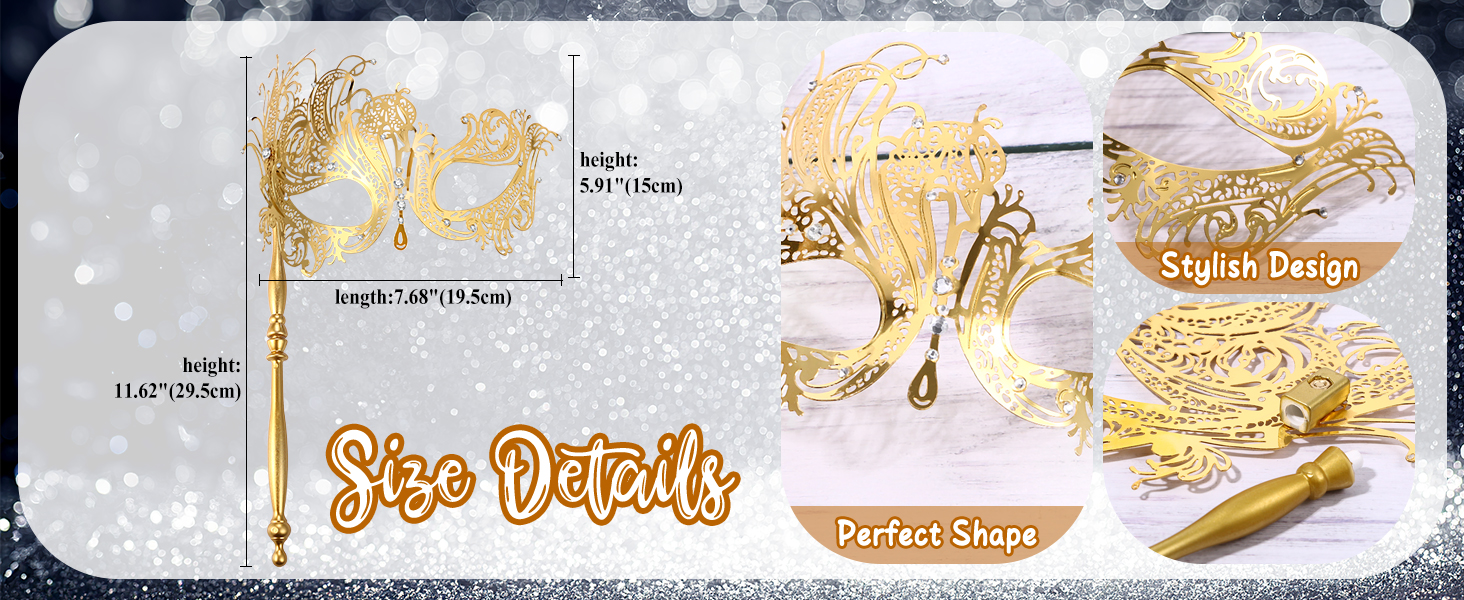 Набір з 3 венеціанських масок для жінок JewelryWe: металеві маски з стразами для карнавалу, Хелловіну, маскараду, з держателем