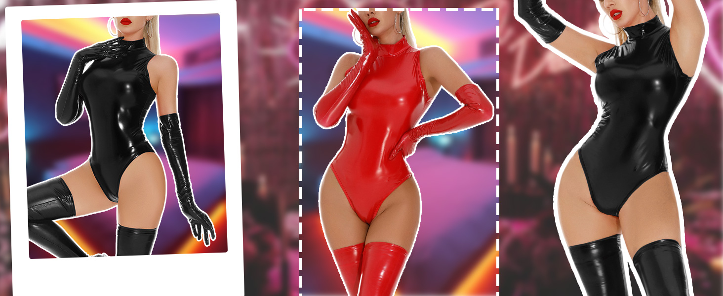 Боді з латексу FEOYA для жінок, блискучий, без рукавів, з високою талією, на блискавці, чорний, S