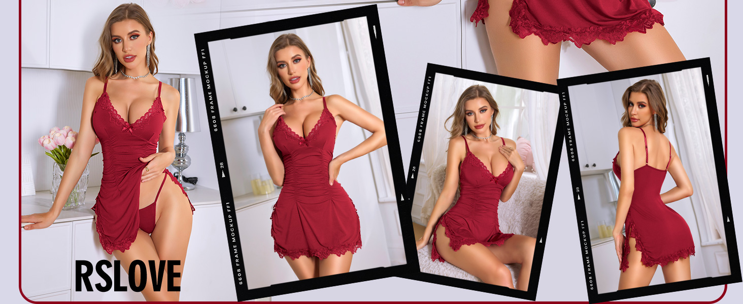 RSLOVE: Сексуальна нічна сорочка-бабідолль для жінок - мереживна піжама, сукня, чорний, розмір M