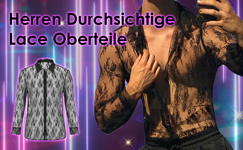 Чоловіча прозора сорочка AIEOE: мереживна сорочка з довгим рукавом для клубу, колір: коричневий