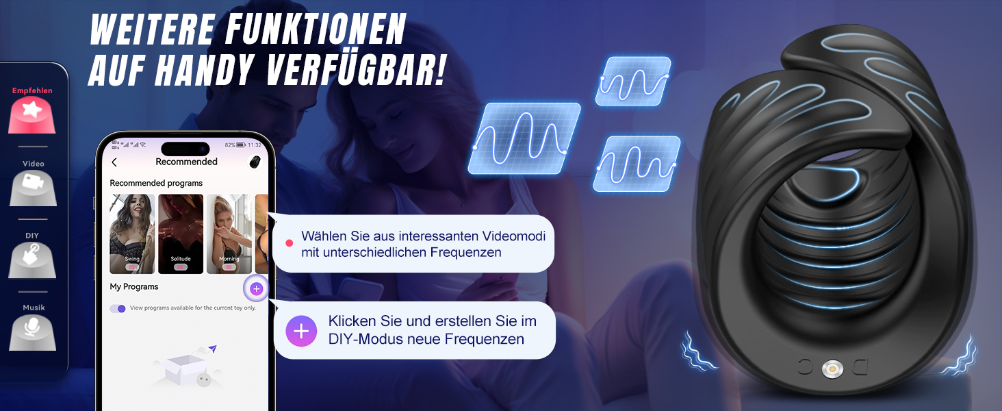 Інтимний масажер для пар з 9 вібраціями та функцією постукування, керування через додаток, подвійні кільця, презервативна накладка, чорний