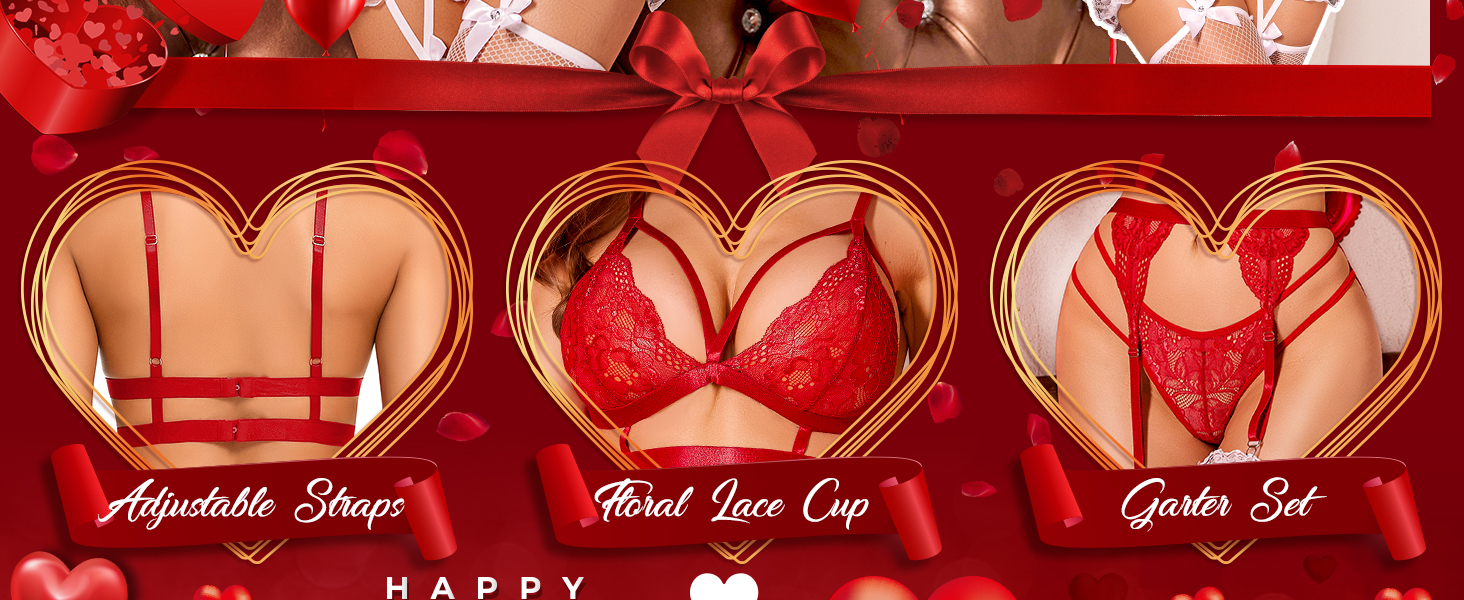 Комплект спідньої білизни RSLOVE для жінок: мереживний тіло, бюстгальтер та труси (чорний, червоний)