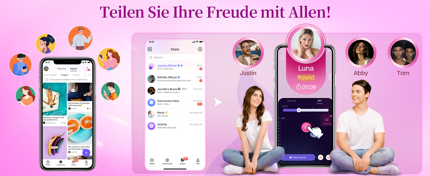 Вібратор для жінок та пар з 9 режимами, керування через додаток, рожевий, універсальний розмір