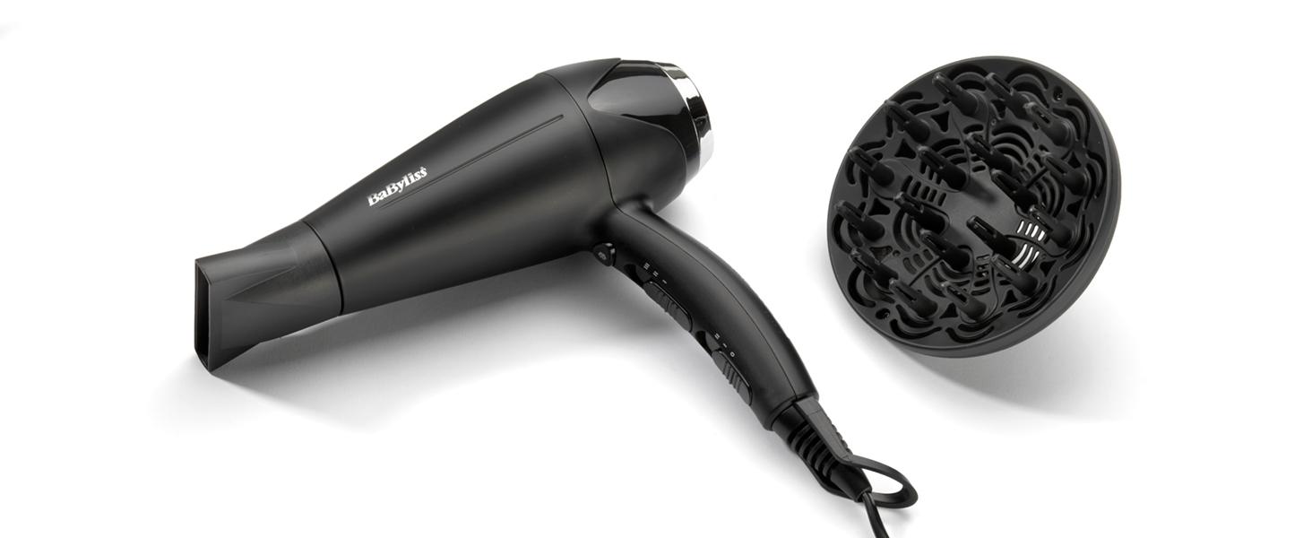 Фен для волосся BaByliss Turbo Smooth D572DE, 2200 Вт, з іонізацією та дифузором, 3 температурні режими, чорний